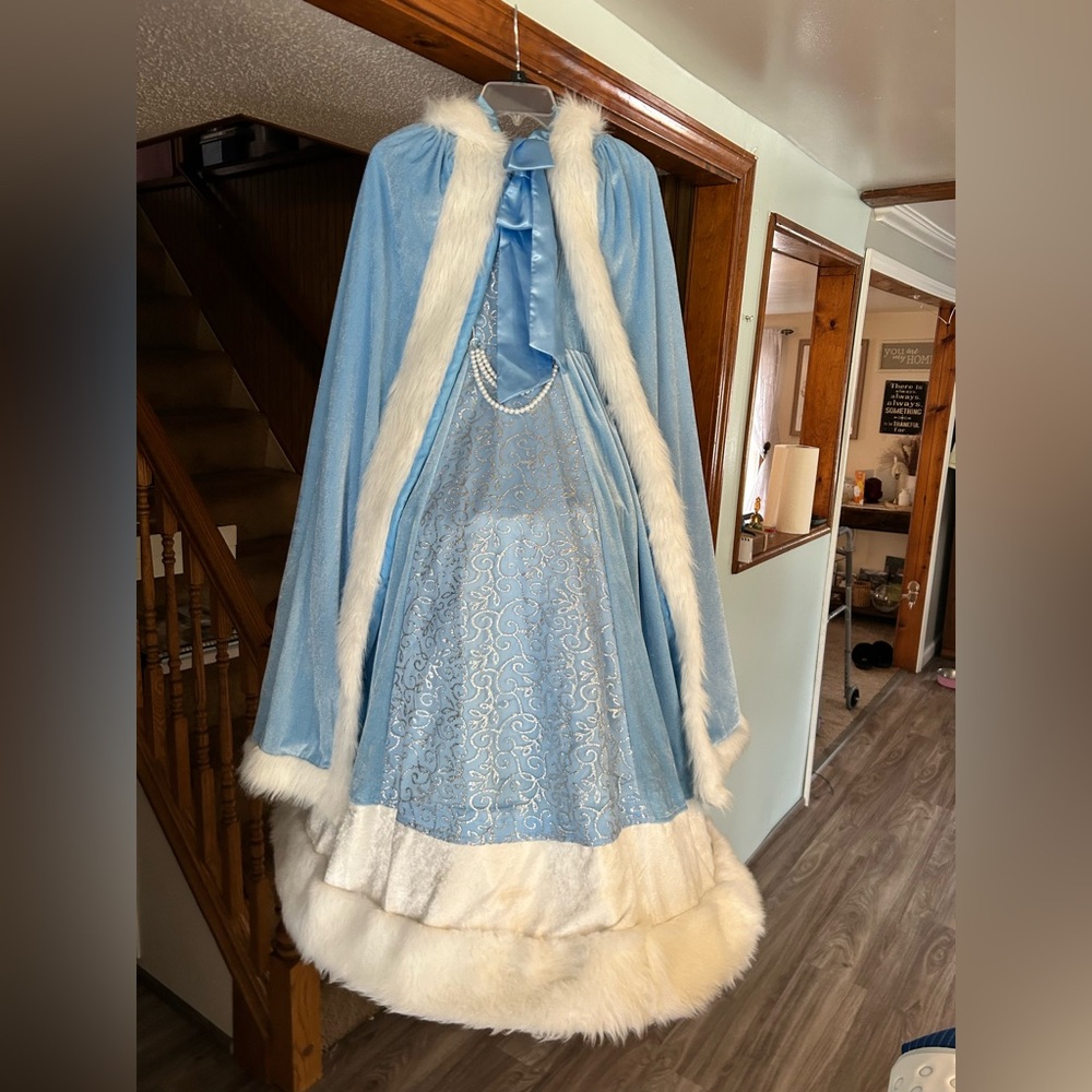 Princess Dress Blue  With Cloak Faux Velvet/fur Size 11-12 Girls